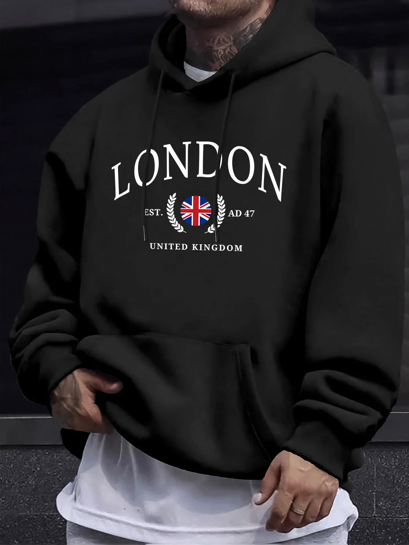 Sweat à capuche col rond imprimé drapeau du royaume-uni de londres pour hommes, pulls de rue surdimensionnés, nouveau swea