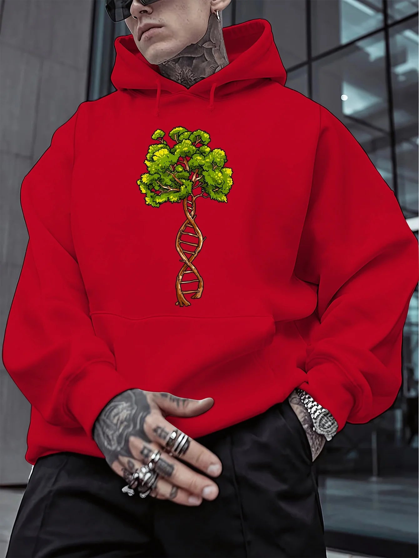 Sweat à Capuche Noir – Pull Streetwear Doux avec Motif Fusion Science & Nature pour l’Automne/Hiver