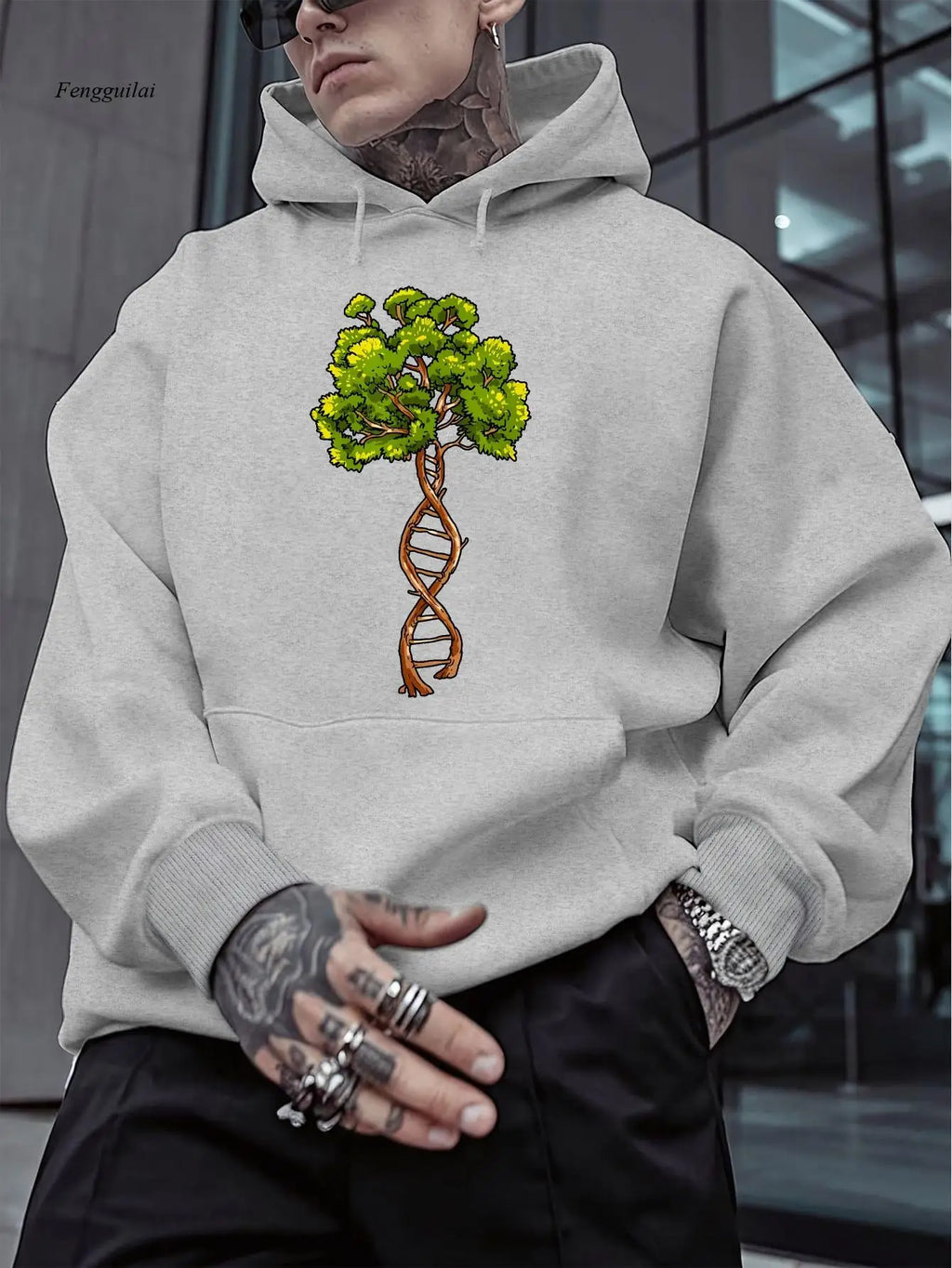 Sweat à Capuche Noir – Pull Streetwear Doux avec Motif Fusion Science & Nature pour l’Automne/Hiver