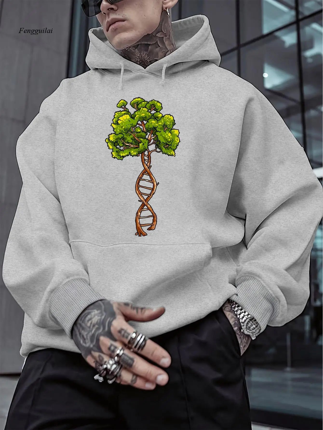 Sweat à Capuche Noir – Pull Streetwear Doux avec Motif Fusion Science & Nature pour l’Automne/Hiver