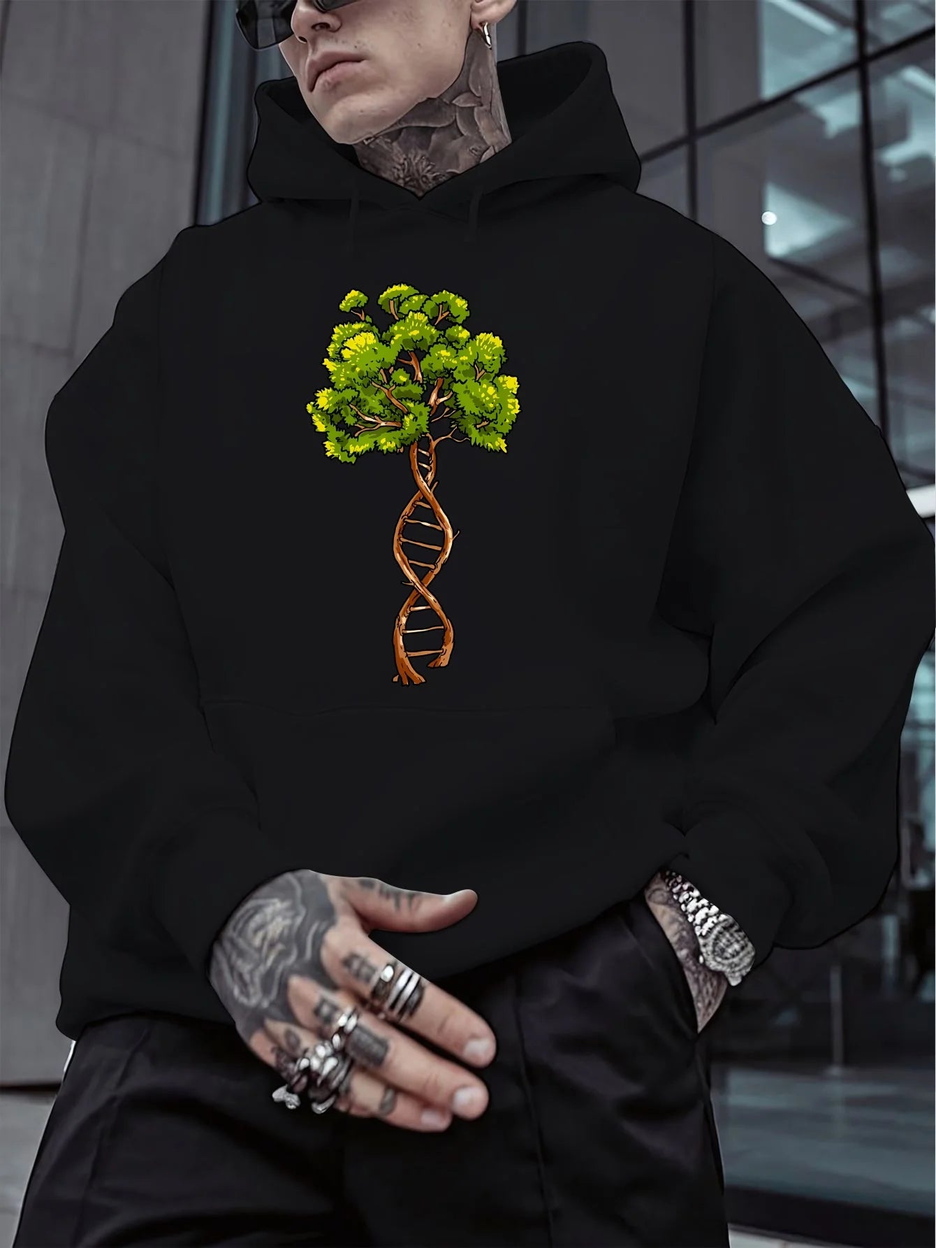 Sweat à Capuche Noir – Pull Streetwear Doux avec Motif Fusion Science & Nature pour l’Automne/Hiver