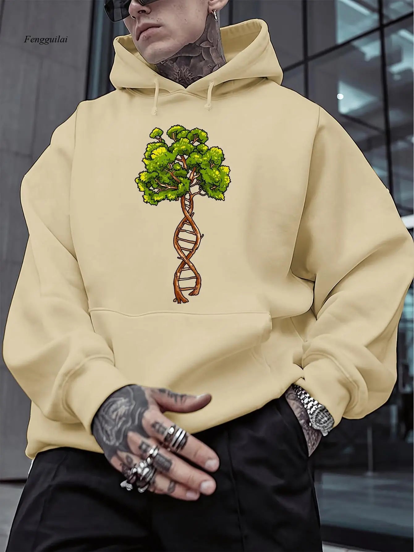 Sweat à Capuche Noir – Pull Streetwear Doux avec Motif Fusion Science & Nature pour l’Automne/Hiver