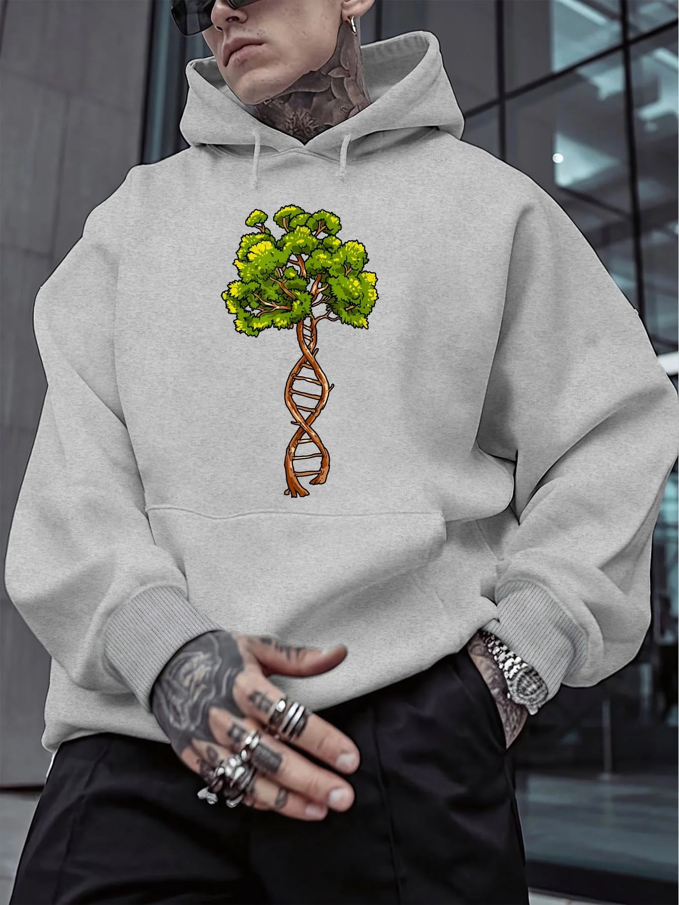 Sweat à Capuche Noir – Pull Streetwear Doux avec Motif Fusion Science & Nature pour l’Automne/Hiver