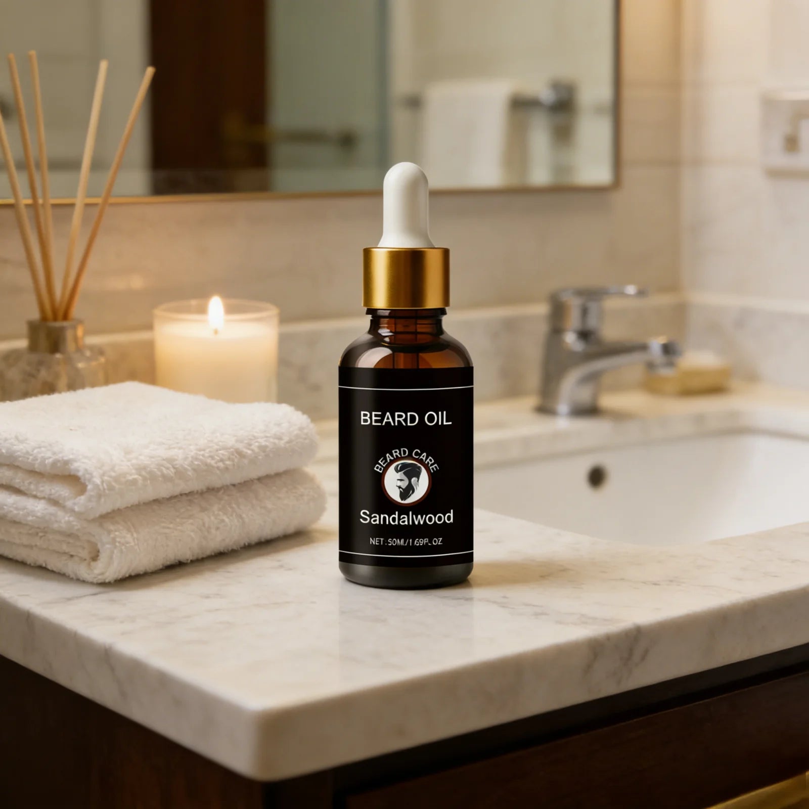 Huile à Barbe au Bois de Santal – Nourrissante & Hydratante, Renforce les Follicules, Adoucit la Barbe, 50ml