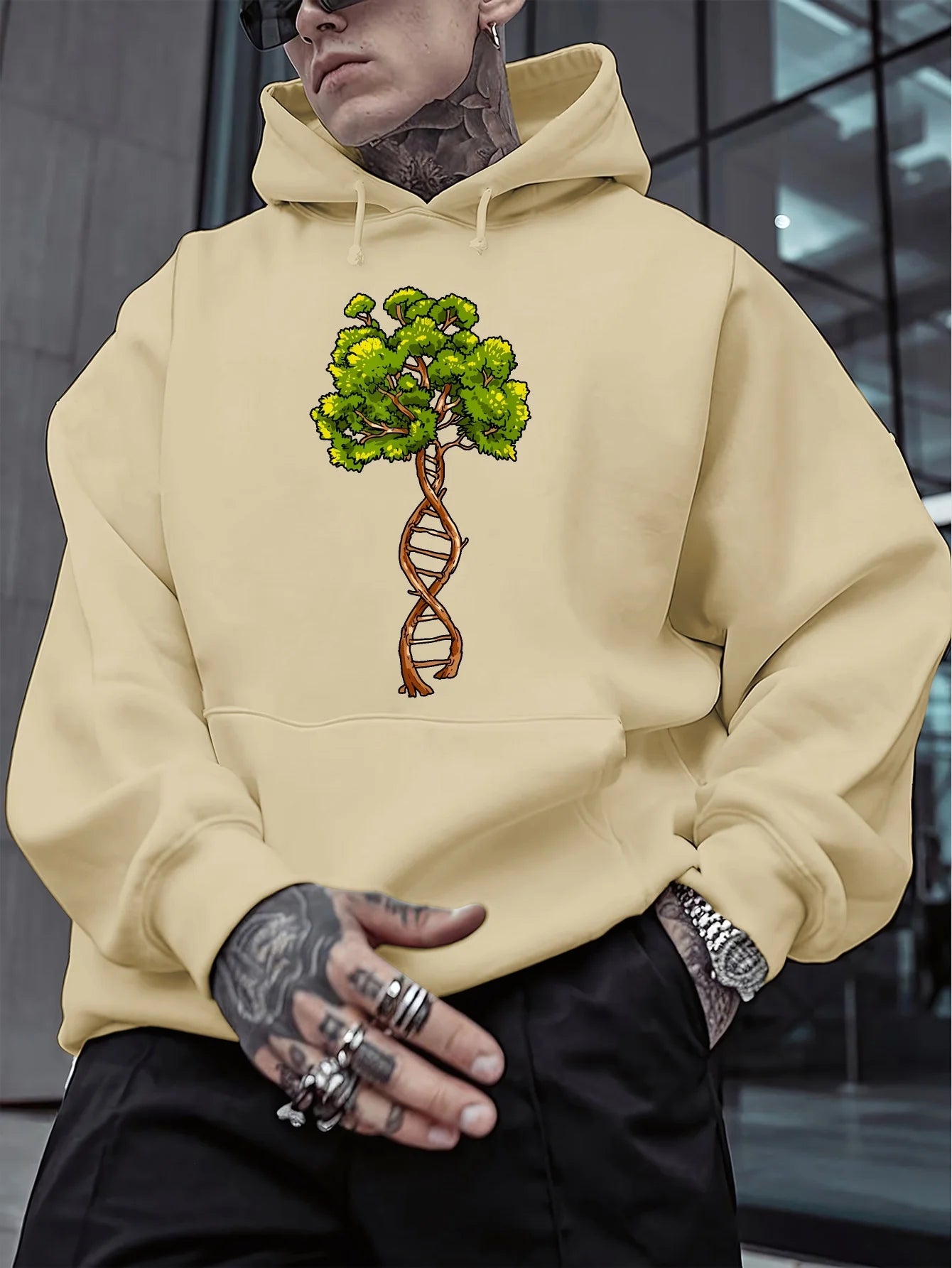 Sweat à Capuche Noir – Pull Streetwear Doux avec Motif Fusion Science & Nature pour l’Automne/Hiver